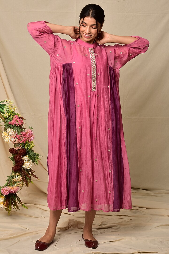 Pink & Purple Chanderi Dress by Kaarah By Kaavya at Pernia's Pop Up Shop