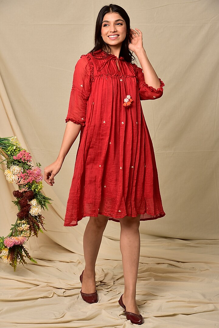Red Chanderi Short Dress by Kaarah By Kaavya
