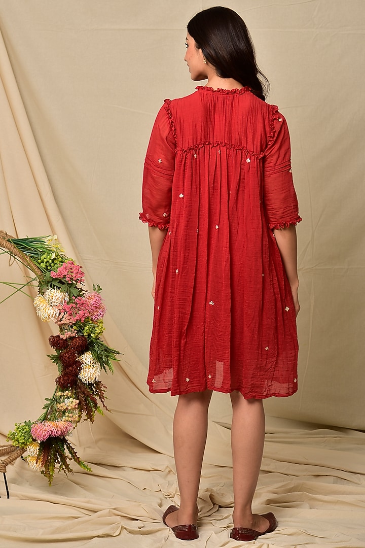 Red Chanderi Short Dress by Kaarah By Kaavya at Pernia's Pop Up Shop