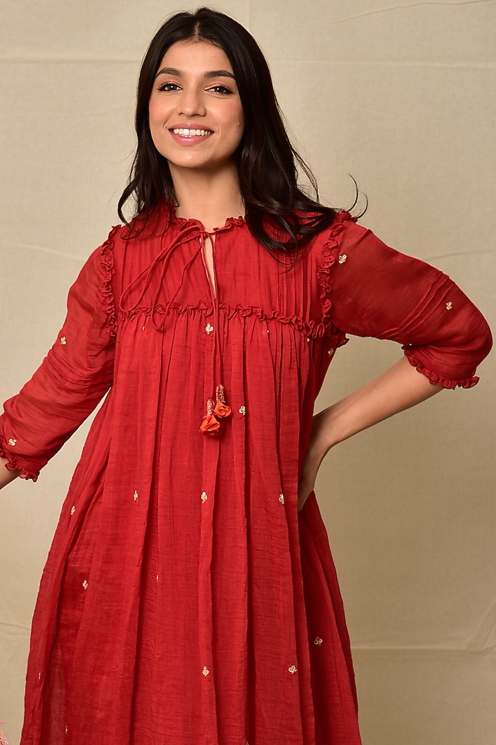Red Chanderi Short Dress by Kaarah By Kaavya at Pernia's Pop Up Shop