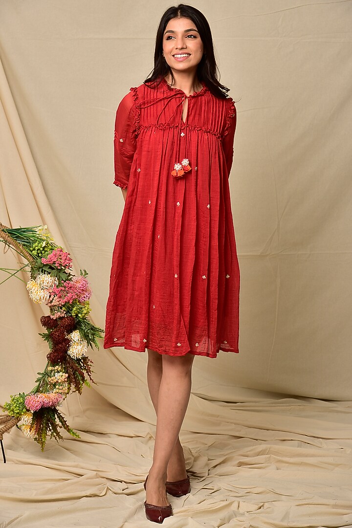 Red Chanderi Short Dress by Kaarah By Kaavya at Pernia's Pop Up Shop
