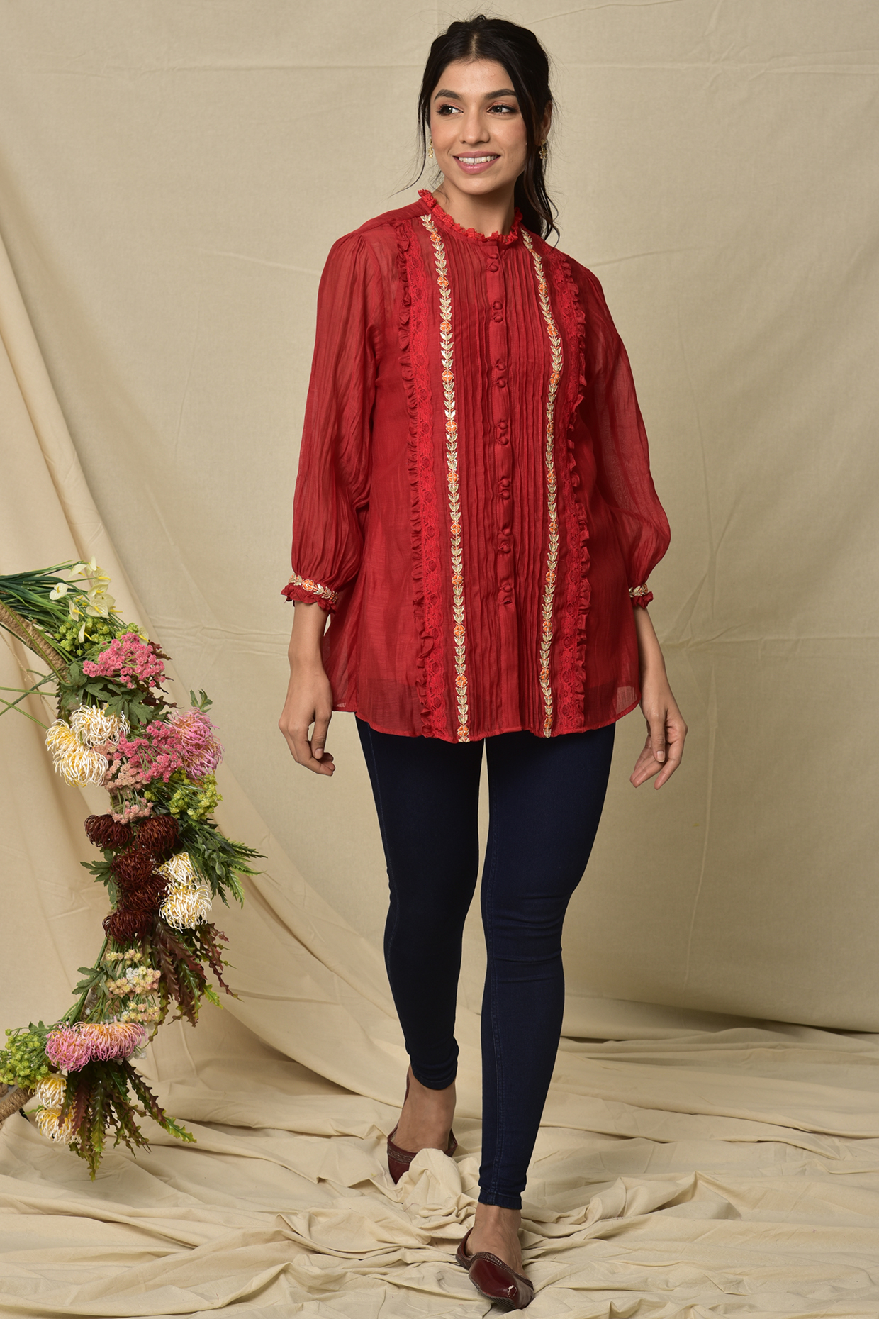 Red Chanderi Top by Kaarah By Kaavya at Pernia's Pop Up Shop