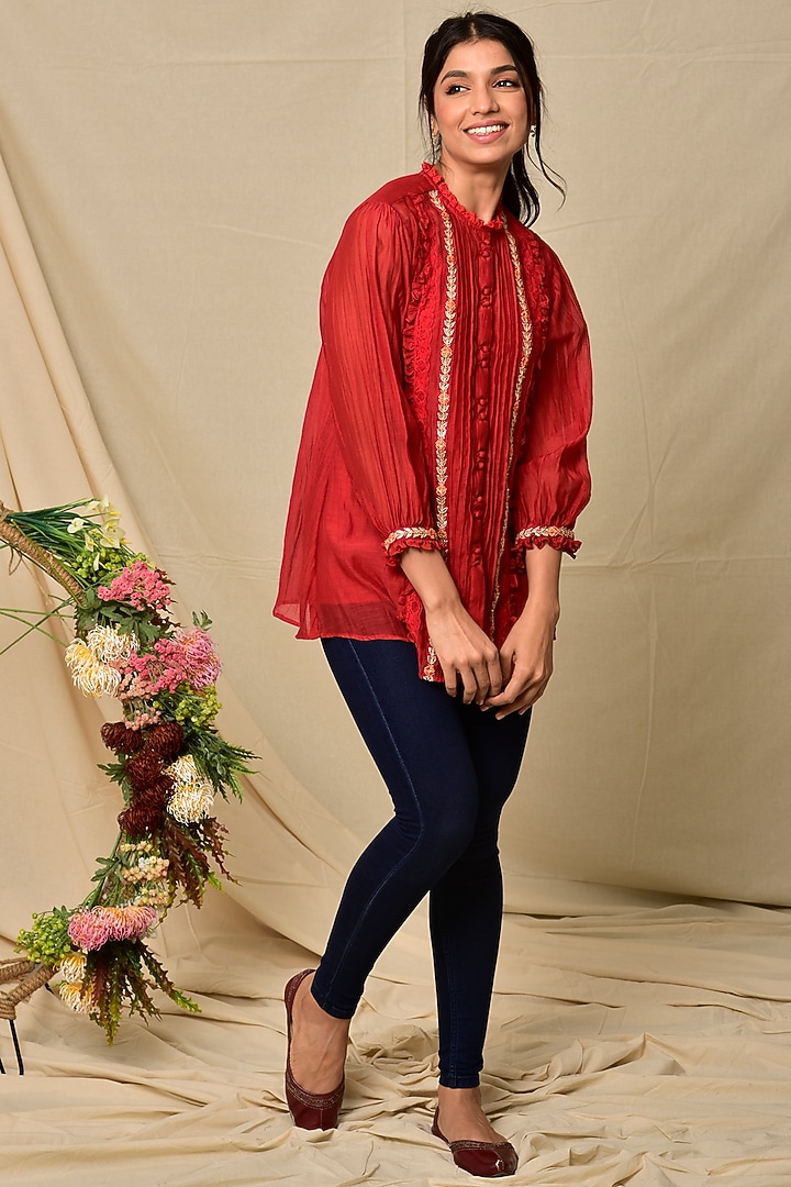 Red Chanderi Top by Kaarah By Kaavya at Pernia's Pop Up Shop
