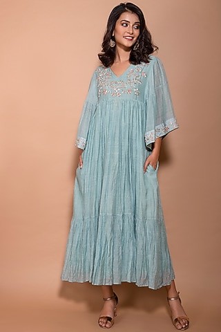 Chalk Blue Chanderi Dress by Kaarah By Kaavya