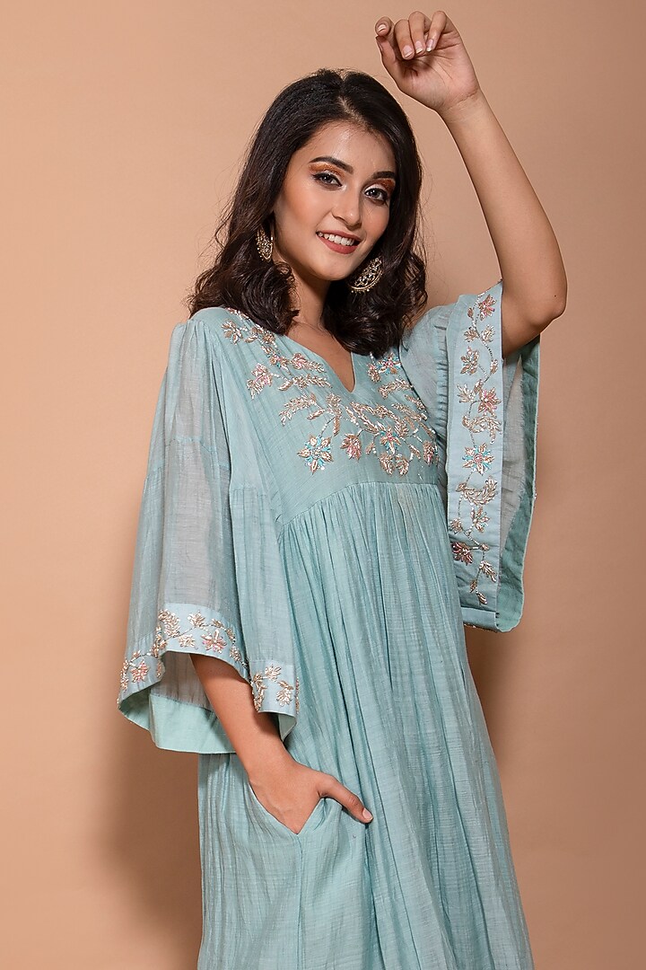Chalk Blue Chanderi Summer Dress by Kaarah By Kaavya at Pernia's Pop Up Shop