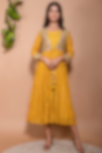Yellow Chanderi Tiered Anarkali Jacket Set by Kaarah By Kaavya
