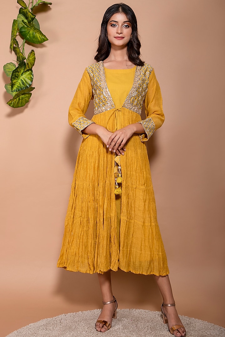Yellow Chanderi Tiered Anarkali Jacket Set by Kaarah By Kaavya