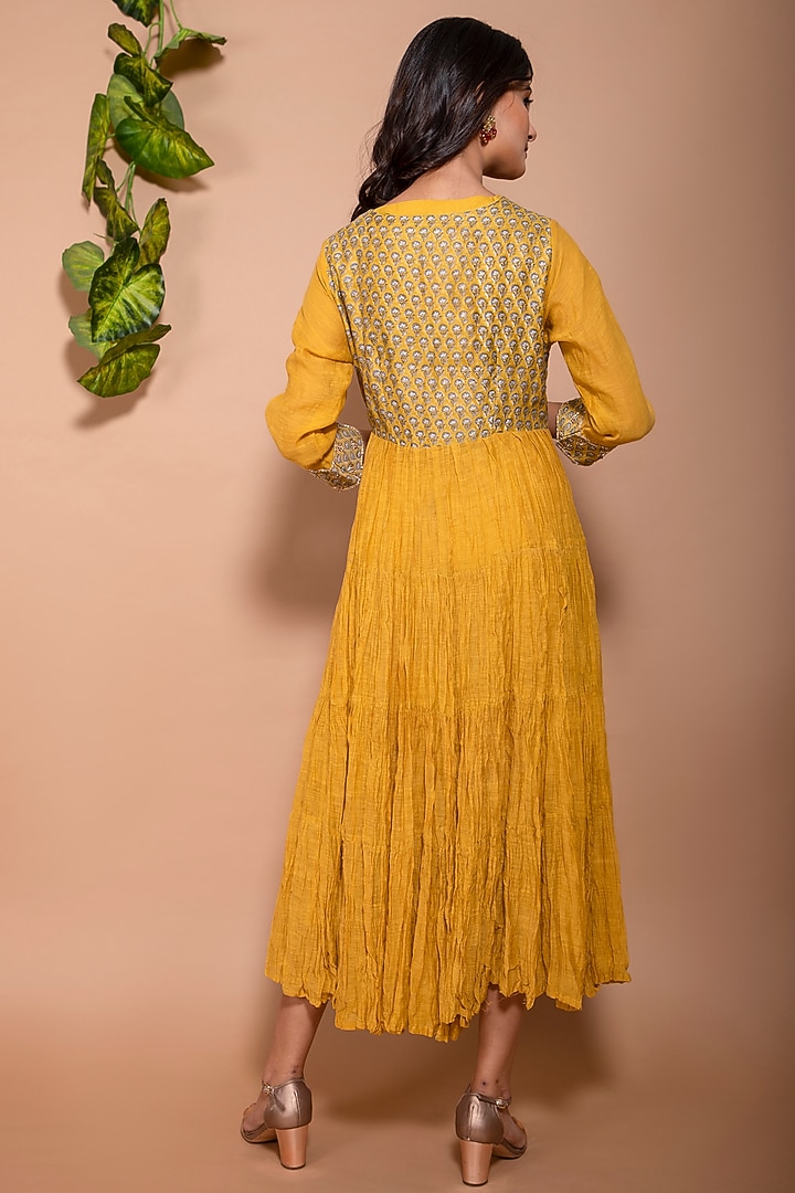 Yellow Chanderi Tiered Anarkali Jacket Set by Kaarah By Kaavya at Pernia's Pop Up Shop