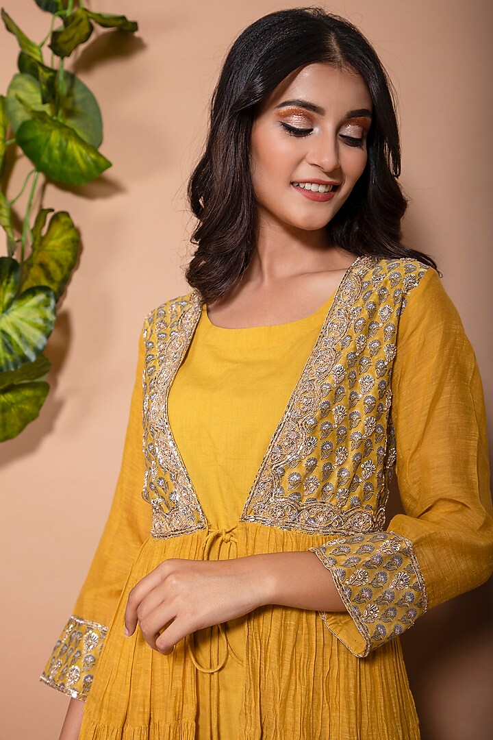 Yellow Chanderi Tiered Anarkali Jacket Set by Kaarah By Kaavya at Pernia's Pop Up Shop