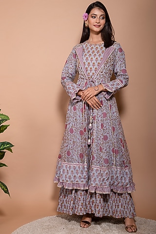 Grey Kota Doria & Muslin Jacket Dress by Kaarah By Kaavya