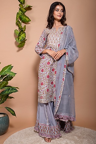 Grey Frilled Sharara Set by Kaarah By Kaavya