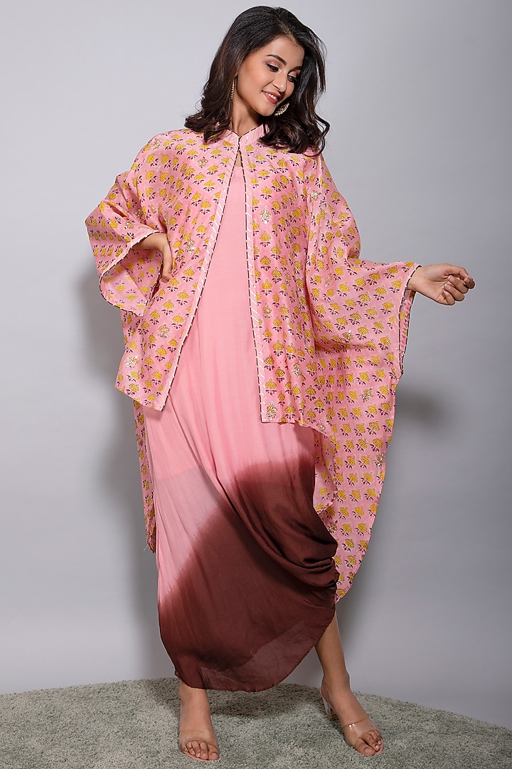 Peach Chanderi & Muslin Silk Jacket Dress by Kaarah By Kaavya
