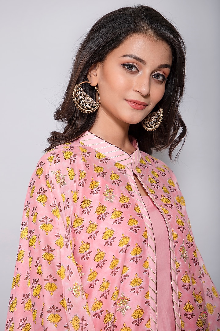 Peach Chanderi & Muslin Silk Jacket Summer Dress by Kaarah By Kaavya at Pernia's Pop Up Shop