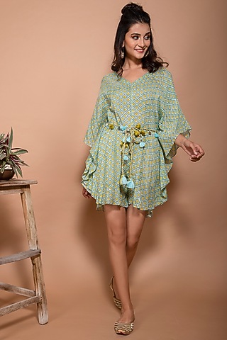 Mint Block Printed Kaftan Jumpsuit by Kaarah By Kaavya