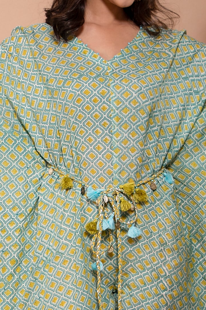 Mint Block Printed Kaftan Jumpsuit by Kaarah By Kaavya at Pernia's Pop Up Shop