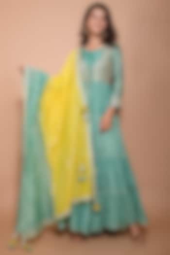 Green Chanderi Embroidered Dress With Dupatta by Kaarah By Kaavya