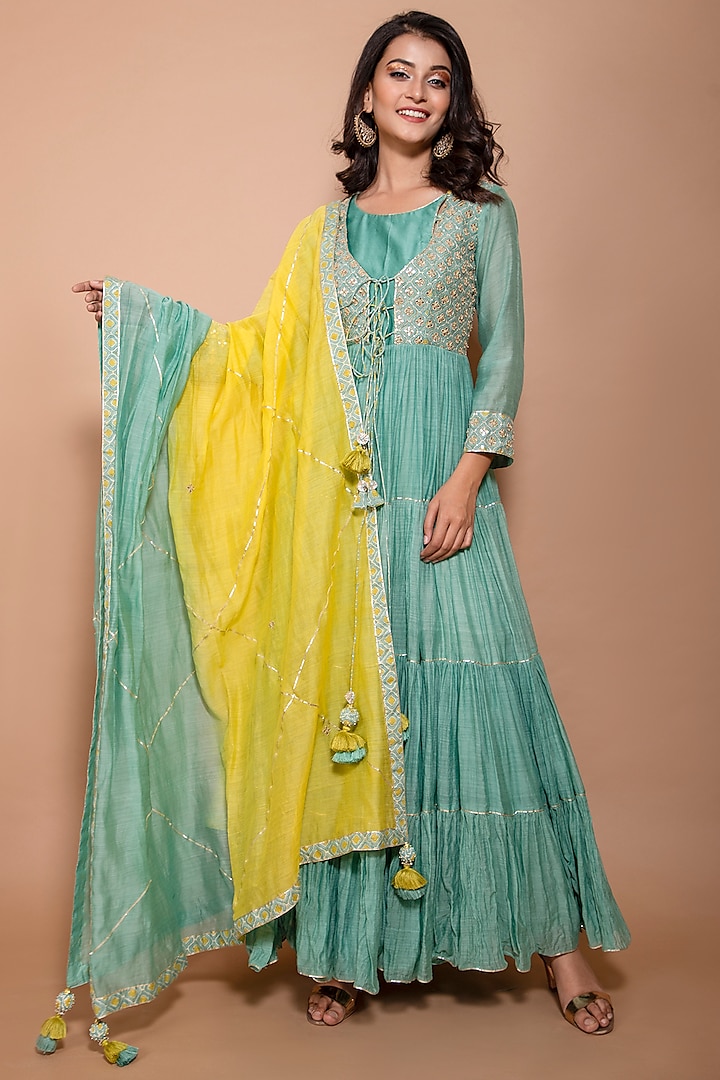 Green Chanderi Embroidered Dress With Dupatta by Kaarah By Kaavya