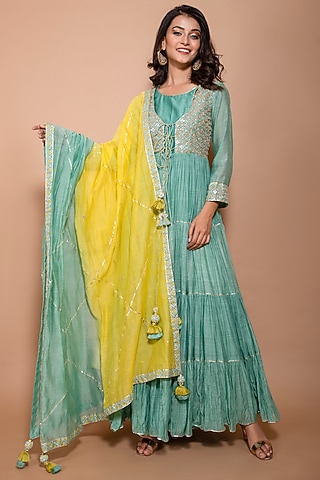 Green Chanderi Embroidered Dress With Dupatta by Kaarah By Kaavya