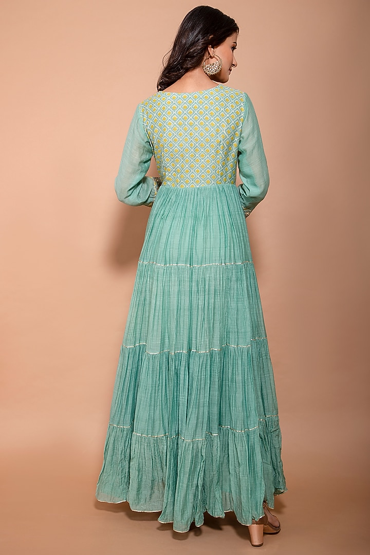 Green Chanderi Embroidered Summer Dress With Dupatta by Kaarah By Kaavya at Pernia's Pop Up Shop