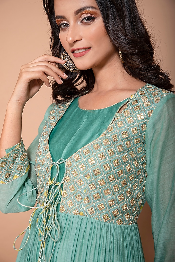 Green Chanderi Embroidered Summer Dress With Dupatta by Kaarah By Kaavya at Pernia's Pop Up Shop