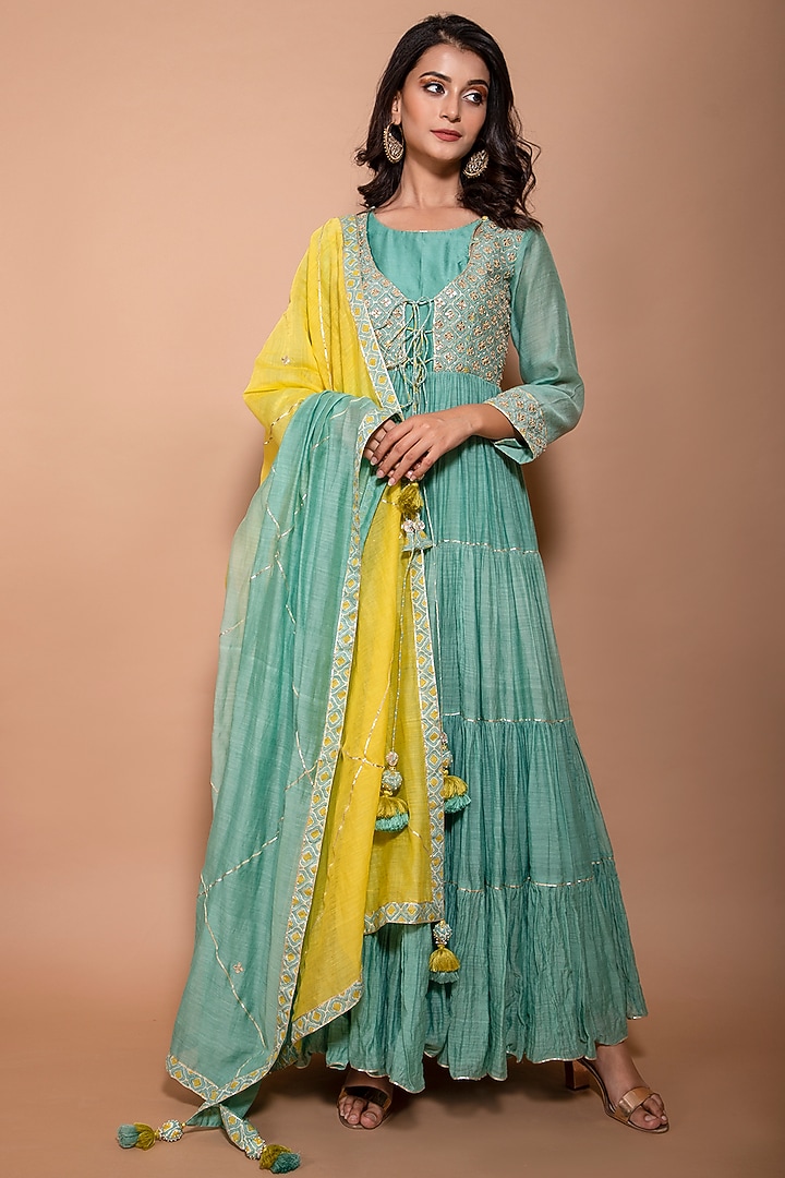 Green Chanderi Embroidered Summer Dress With Dupatta by Kaarah By Kaavya at Pernia's Pop Up Shop