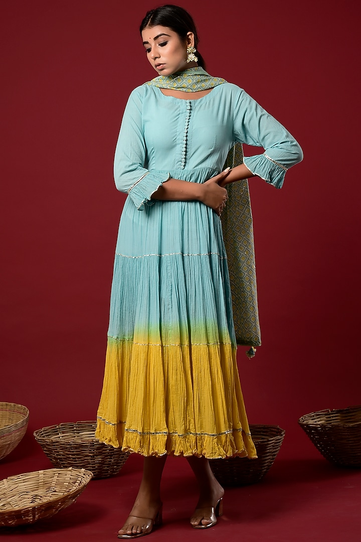 Blue Cotton Tiered Dress With Dupatta by Kaarah By Kaavya at Pernia's