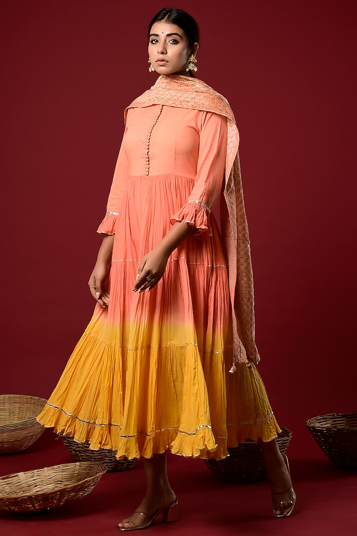 Orange Cotton Tiered Summer Dress With Dupatta by Kaarah By Kaavya at Pernia's Pop Up Shop
