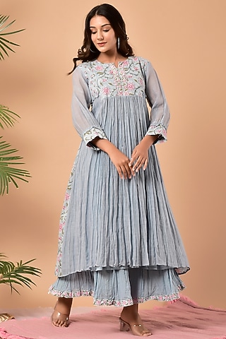 Blue Chanderi Sharara Set by Kaarah By Kaavya