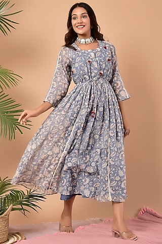 Wine Blue Block Printed Dress by Kaarah By Kaavya