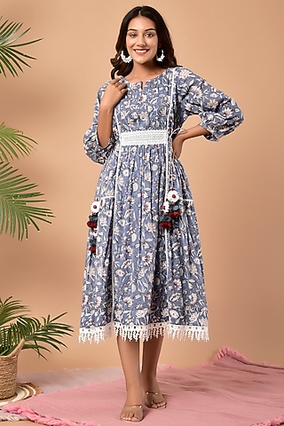 Blue Block Printed Dress by Kaarah By Kaavya