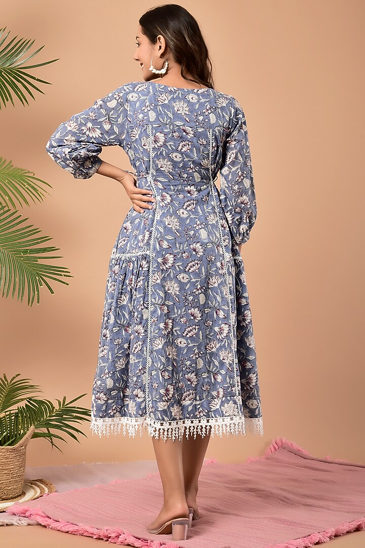 Blue Block Printed Summer Dress by Kaarah By Kaavya at Pernia's Pop Up Shop