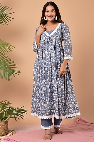 Blue Printed Kurta Set by Kaarah By Kaavya