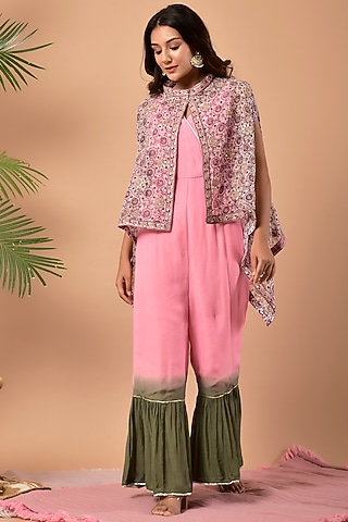 Pink Shaded Jumpsuit With Jacket by Kaarah By Kaavya