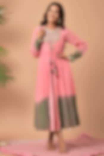 Pink Chanderi Shaded Midi Dress by Kaarah By Kaavya