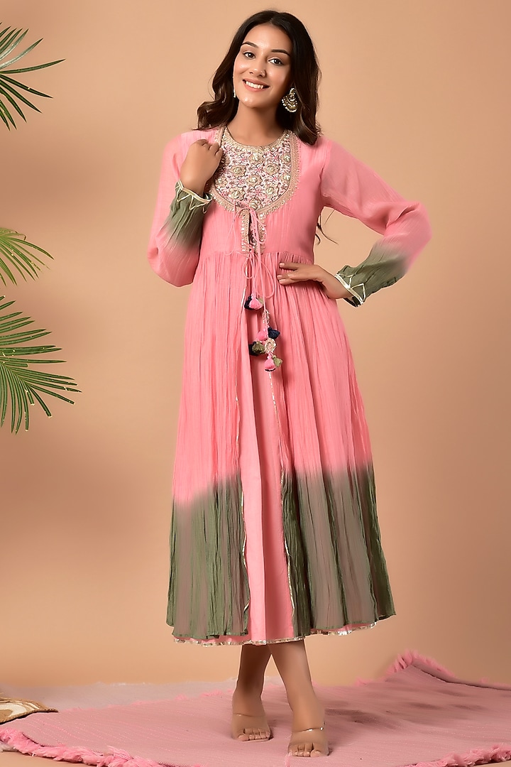 Pink Chanderi Shaded Midi Dress by Kaarah By Kaavya