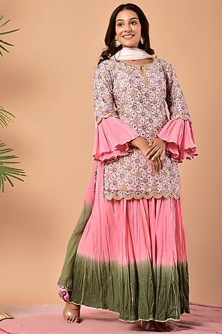 Pink Kota Doria Shaded Sharara Set by Kaarah By Kaavya