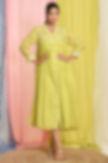 Lime Green Chanderi Embroidered Vacation Dress by Kaarah By Kaavya at Pernia's Pop Up Shop