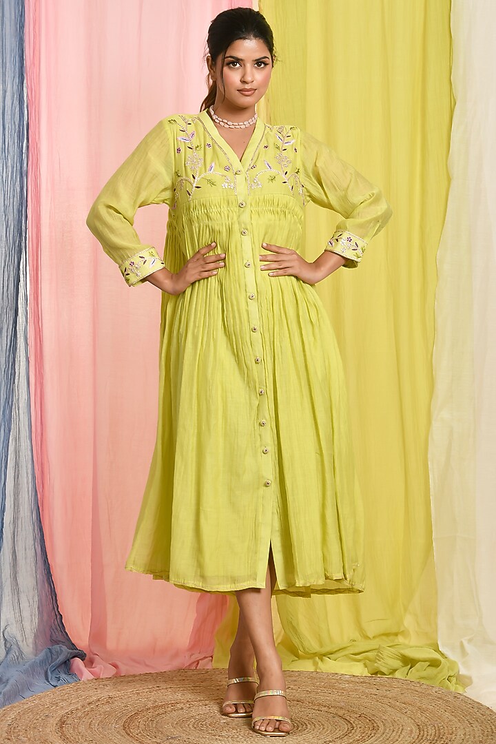 Lime Green Chanderi Embroidered Vacation Dress by Kaarah By Kaavya at Pernia's Pop Up Shop