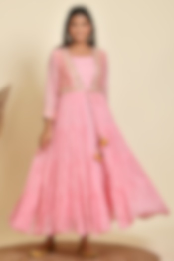 Pink Chanderi Printed & Embroidered Tiered Dress by Kaarah By Kaavya