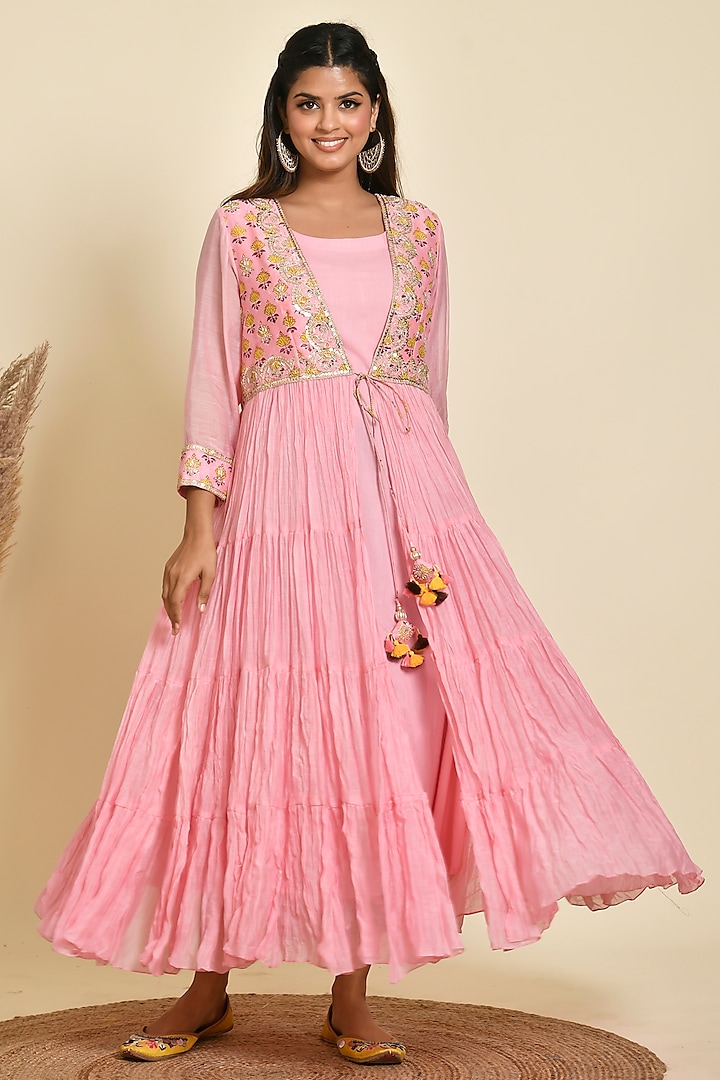 Pink Chanderi Printed & Embroidered Tiered Dress by Kaarah By Kaavya