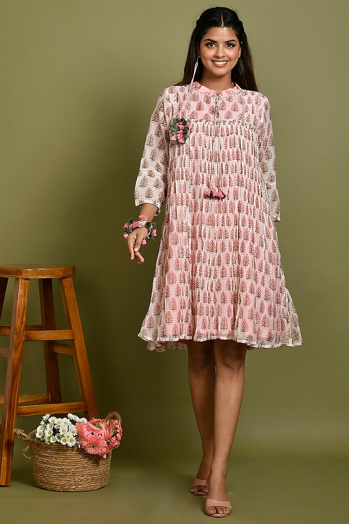 White & Pink Chanderi Printed Dress by Kaarah By Kaavya at Pernia's Pop Up Shop