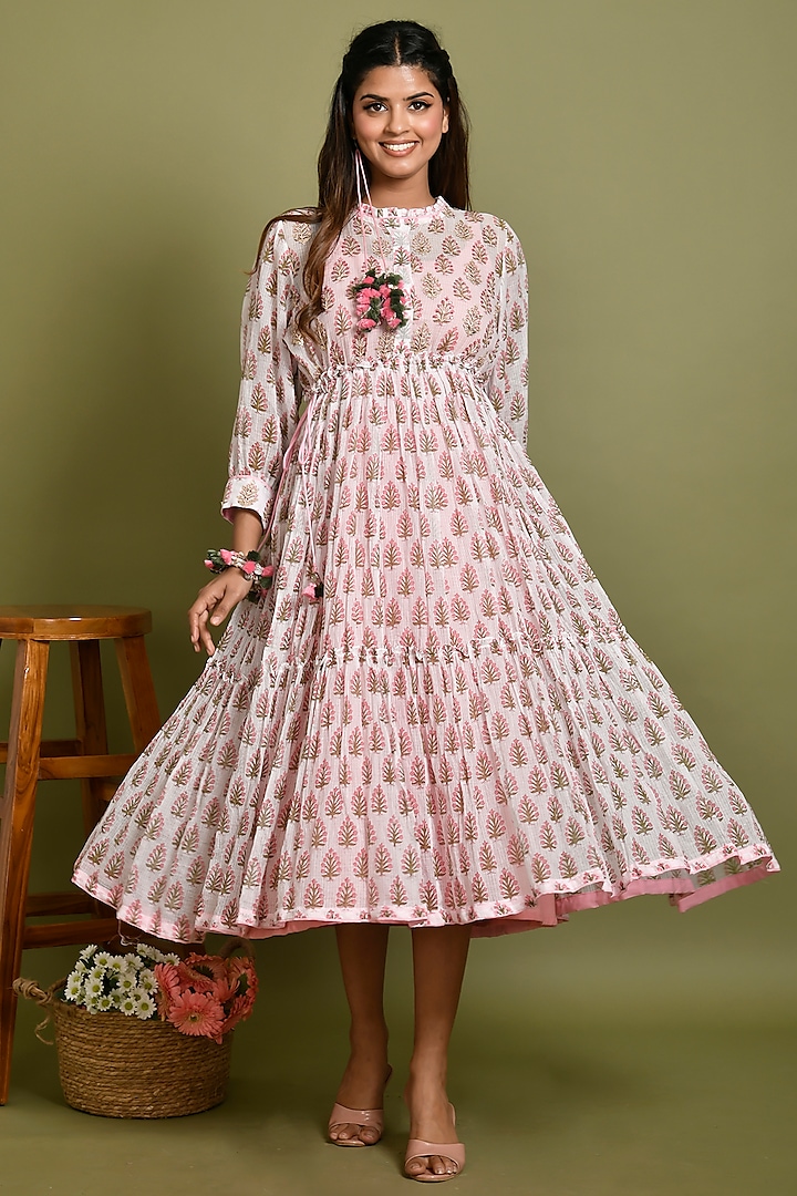 White & Pink Kota Doriya Printed Dress by Kaarah By Kaavya