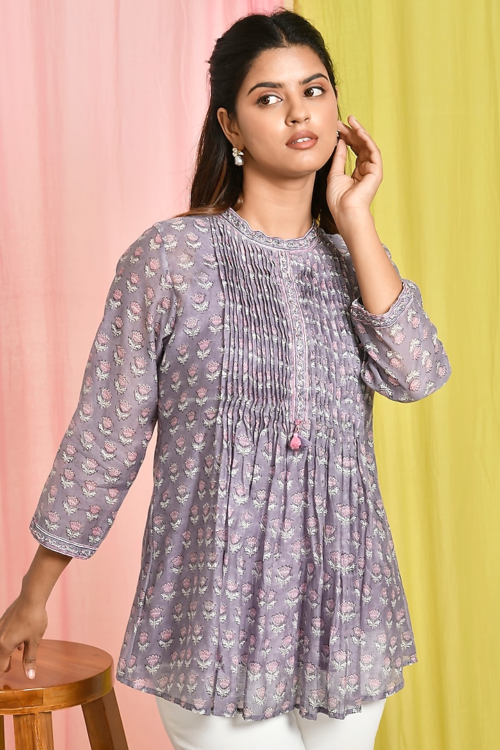 Purple Chanderi Silk Printed Top by Kaarah By Kaavya at Pernia's Pop Up Shop