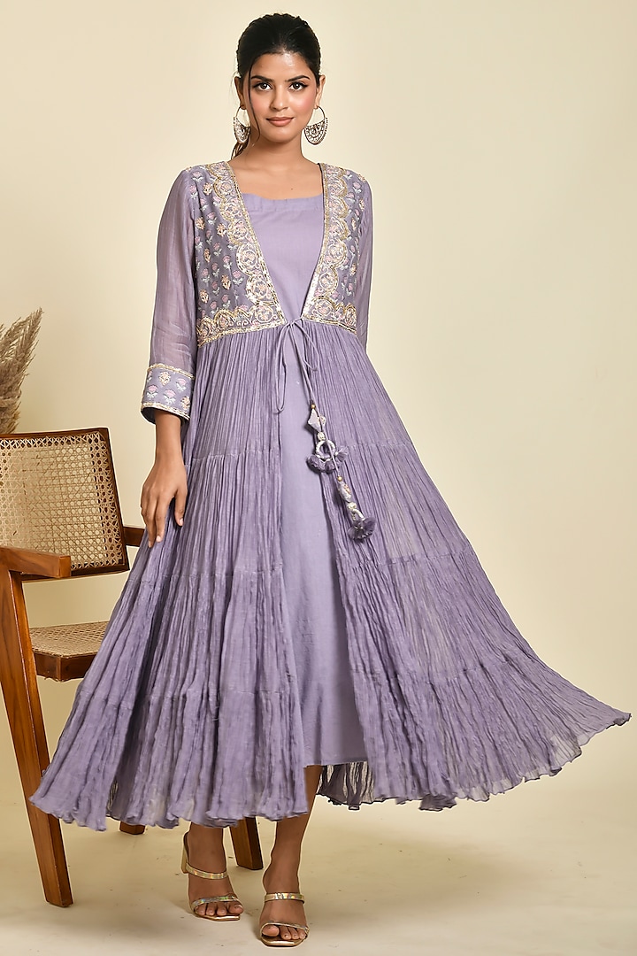 Purple Chanderi Embroidered Tiered Dress by Kaarah By Kaavya at Pernia's Pop Up Shop