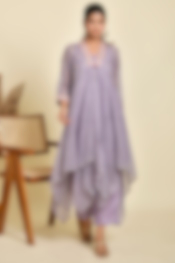 Purple Silk & Chanderi Printed Kurta Set by Kaarah By Kaavya