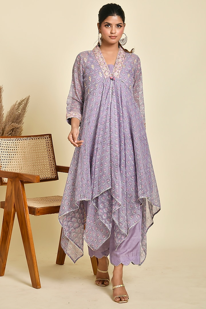 Purple Silk & Chanderi Printed Kurta Set by Kaarah By Kaavya