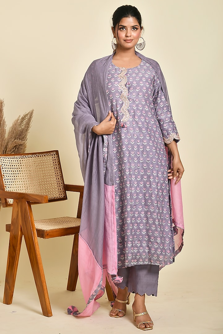 Purple Cotton & Chanderi Printed Kurta Set by Kaarah By Kaavya at Pernia's Pop Up Shop