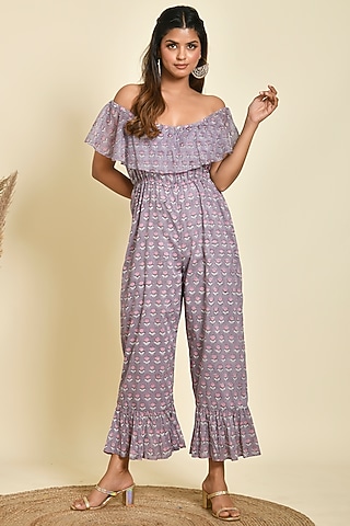 Purple Kota Doriya Printed Jumpsuit by Kaarah By Kaavya