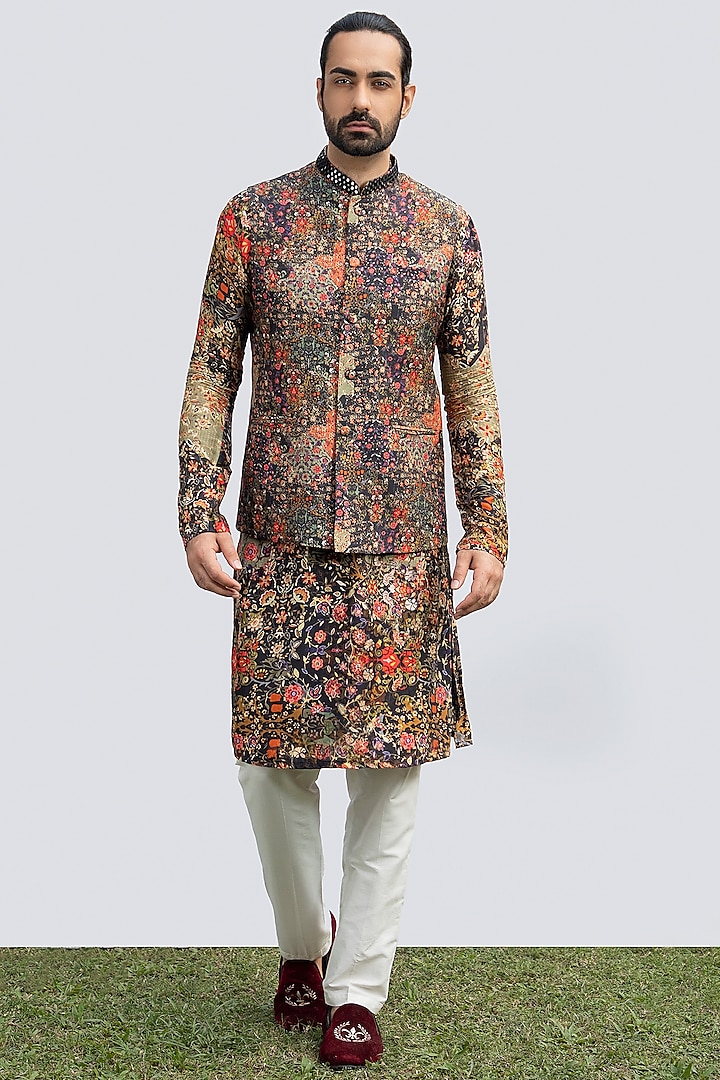 Black Bam Silk Printed Bundi Jacket by KAKA CALCUTTA