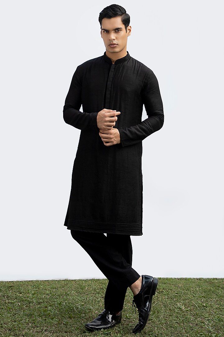 Black Bam Silk Pintuck Kurta Set by KAKA CALCUTTA at Pernia's Pop Up Shop